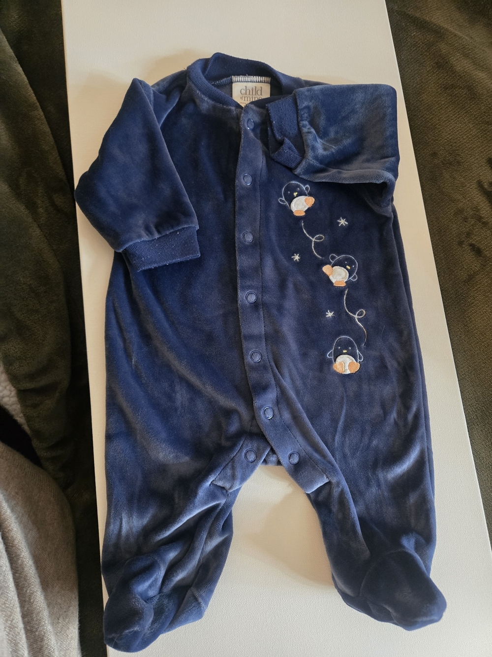 child of mine Navy Blue Plush Footed One-Piece with Penguin Embroidery